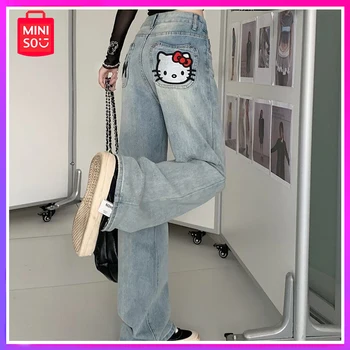Брюки Miniso Sanrio Hello Kitty с вышитой нашивкой, свободные и тонкие, универсальные широкие брюки с прямыми штанинами, Рождественский подарок