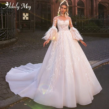 Гламурные аппликации, перья, придворный шлейф, свадебные платья трапециевидной формы 2024 года, роскошное свадебное платье принцессы с круглым вырезом и расклешенными рукавами, расшитыми бисером