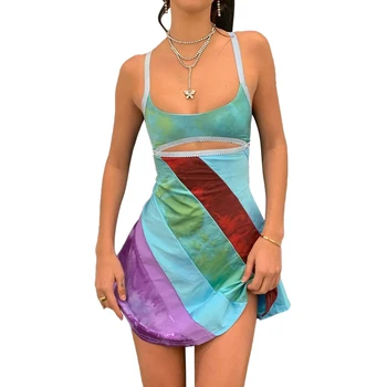 Женское Повседневное Короткое платье на подтяжках, Модное платье Контрастного цвета С U-образным вырезом, открытое платье трапециевидной формы