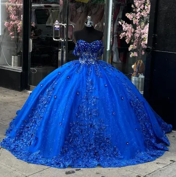 Королевское Синее Пышное платье Принцессы С открытыми Плечами, 3D Цветочная Аппликация, Юбка на бретелях, vestido 15, quinceañeras Sweet 16