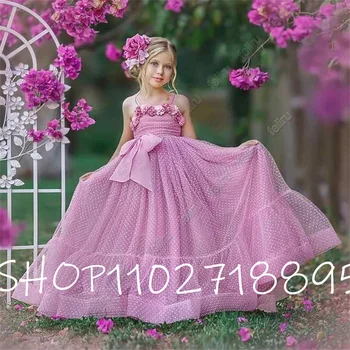 Пляжные платья в горошек для девочек-цветочниц в стиле бохо на тонких бретельках, богемные платья для малышей, нарядные платья принцессы с 3D аппликацией
